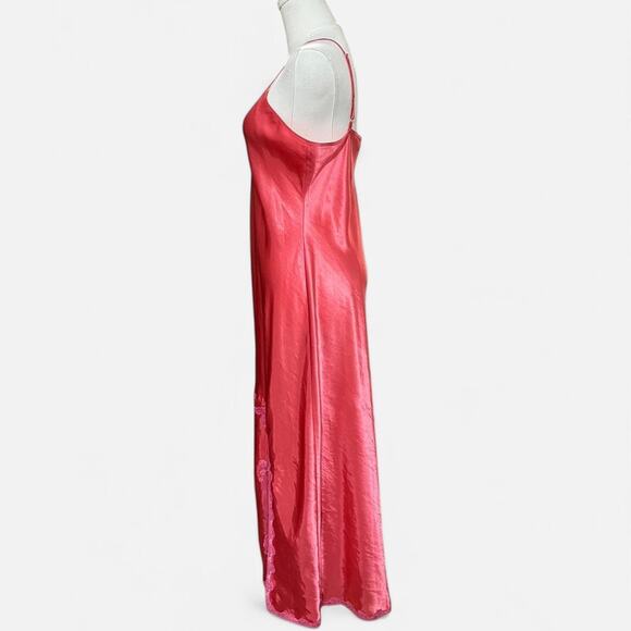 VTG Y2K Chanteuse Bright Coral & Hot Pink Floral Lace Satin Maxi Slip Dress M - Picture 5 of 7